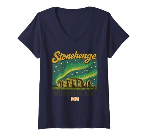 Damen Stonehenge, Wiltshire, Großbritannien, Erinnerung an Aurora Borealis bei Nacht T-Shirt mit V-Ausschnitt Damen Stonehenge, Wiltshire, Großbritannien, Erinnerung an Aurora Borealis bei Nacht T-Shirt mit V-Ausschnitt von Stonehenge United Kingdom England Retro