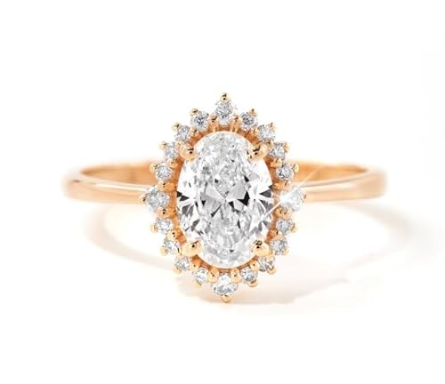 Verlobungsring aus 925er-Sterlingsilber, ovaler Moissanit-Verlobungsring mit Heiligenschein, rotvergoldet, Hochzeitsring für Damen, zierlicher Moissanit-Schmuck, Geschenk 10, T 1/2, 62 (19,70) von StoneishJewels