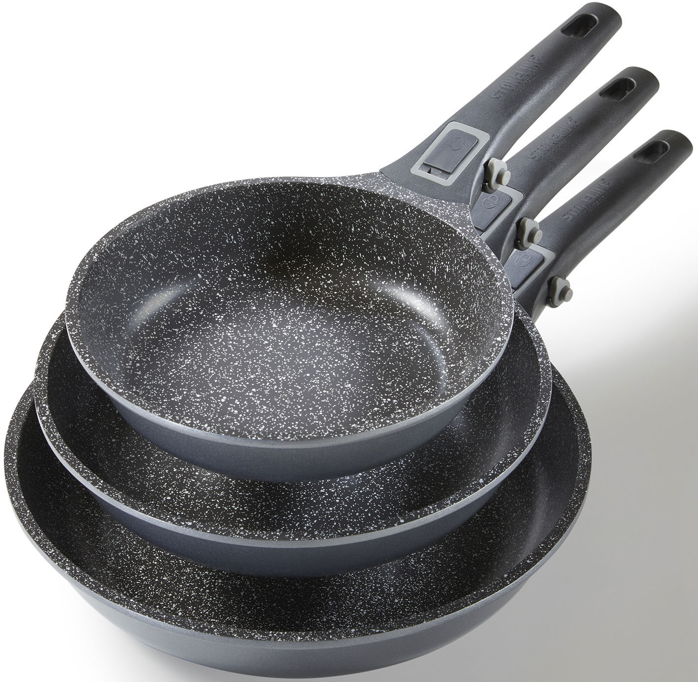 STONELINE Pfannen-Set "Imagination PLUS" Aluminiumguss Set, je 1 Pfanne Ø 20/24/28 cm, Fassungsvermögen 1,2 L/1,9 L/3,0 L, 3 Stk. tlg. einzigartige Steinpartikel-Beschichtung, Induktion von Stoneline