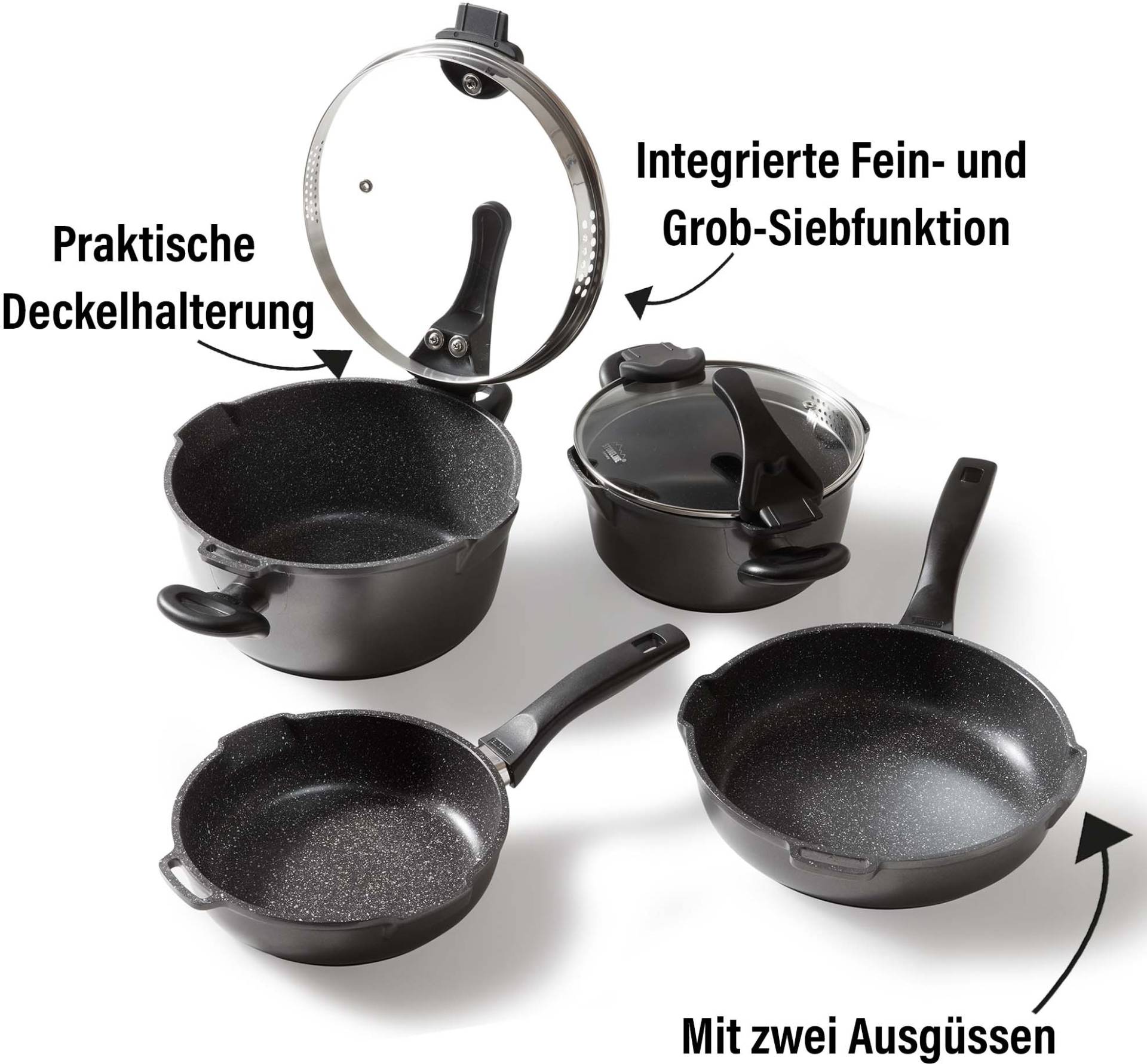 STONELINE Topf-Set "Future", Aluminiumguss, (Set, 8 tlg., Kochtopf 20/24, Stieltopf 18 cm, Schmorpfanne 20/24 cm), Induktion von Stoneline