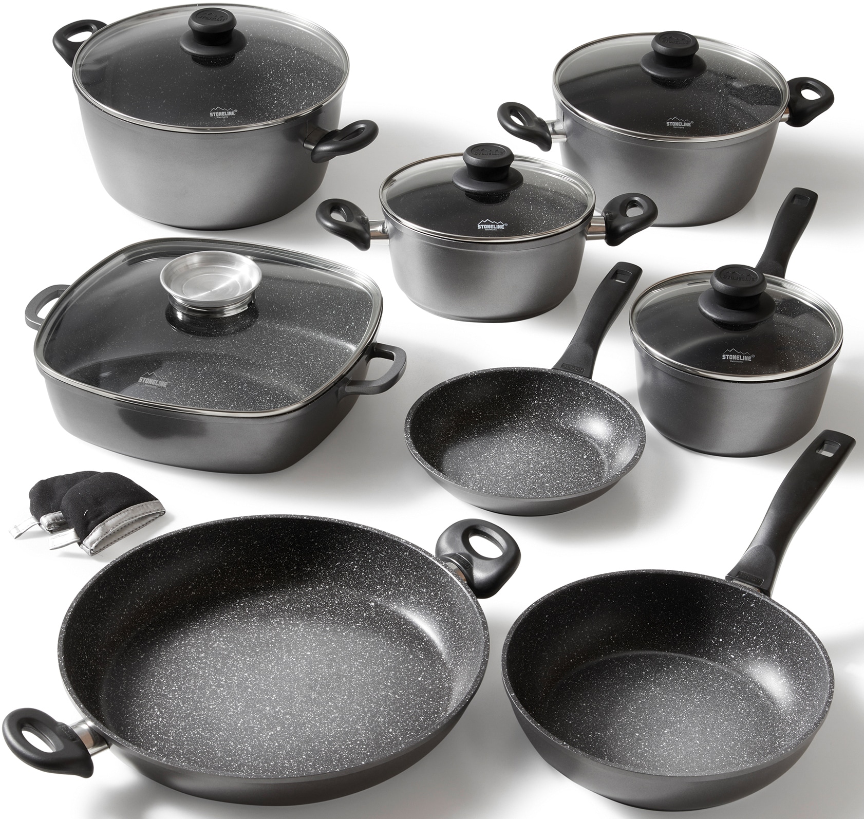 STONELINE Topf-Set Set, Bratentopf 24/28, Kochtopf 20, Kasserolle 18, Pfanne 20/24/28/32 cm, 13 Stk. tlg. Aluminiumguss von Stoneline