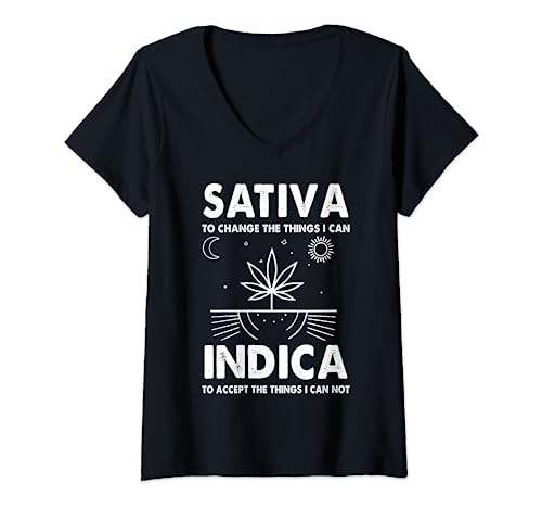 Damen Indica Sativa Meme Funny Weed 420 Cannabis Kleidung Stoner T-Shirt mit V-Ausschnitt von Stoner Outfits