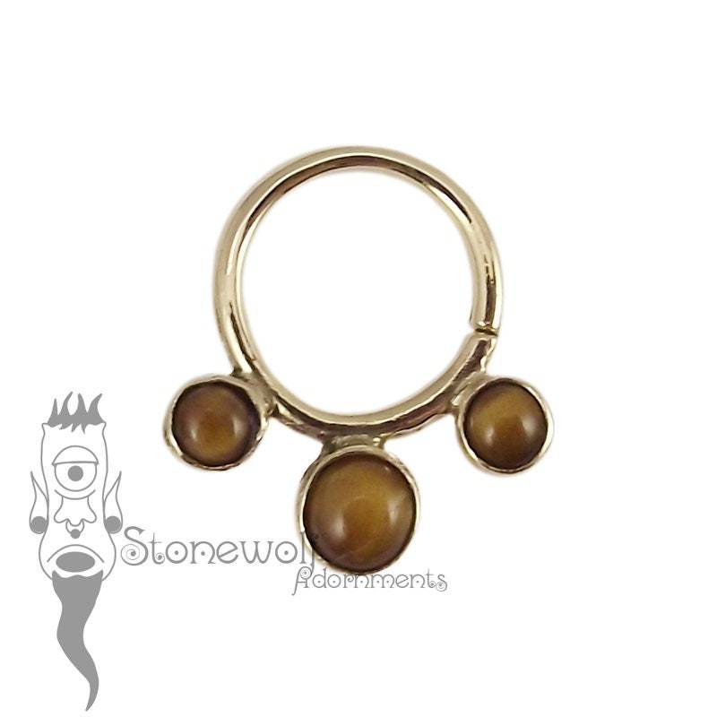 18K Gelbgold Naht Ring Mit Tigerauge Steinen 1.2mm X 8mm 16G Segment Septum Nasen Knorpel Helix Daith Tragus Piercing Versandfertig von StonewolfAdornments