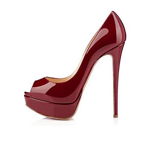 15 cm (5,9 Zoll) Stiletto High Heels Plateau Slip on Pumps Sexy Plateau Heels Pumps Damen Peep Open Toe Tänzer Fersensandalen Für Hochzeitsfeier Prom,Wine red,39 von Stool