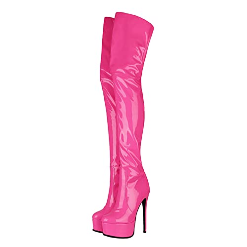 Stool 15CM/5,91IN Damenmode Rundkopf Mode Stiefel Laufsteg Nachtclub Overknee Stiefel Stiletto Super High Heels Sexy Fashion Boot Pole Dancer Stripper Stiefel,Rosa,43 EU von Stool