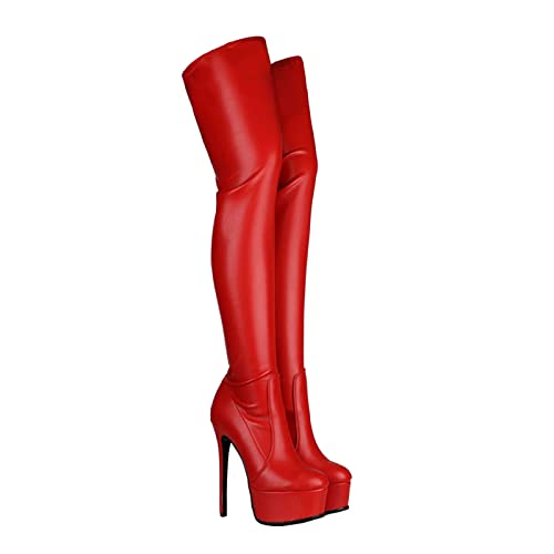 Stool 15CM/5,91IN Damenmode Rundkopf Mode Stiefel Laufsteg Nachtclub Overknee Stiefel Stiletto Super High Heels Sexy Fashion Boot Pole Dancer Stripper Stiefel,Rot,40 EU von Stool