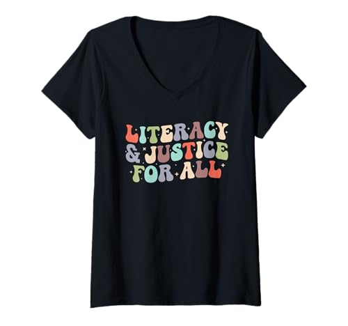 Damen Alphabetisierung und Gerechtigkeit für alle Stoppt das Bücherverbot, Bibliothekar T-Shirt mit V-Ausschnitt Damen Alphabetisierung und Gerechtigkeit für alle Stoppt das Bücherverbot, Bibliothekar T-Shirt mit V-Ausschnitt von Stop Book Banning Librarian gifts