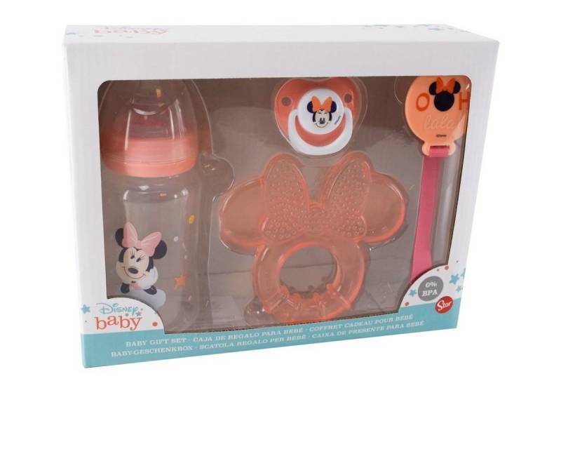 Stor Schnuller Set Disney Baby Mickey oder Minnie Mouse mit Beißring und Flasche, im Geschenkkarton von Stor