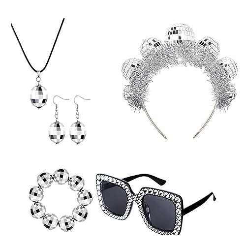 1970er Jahre Disco Party Accessoires Für Frauen Bachelorette Party Silber Disco Stirnbandbrille Halskette Ohrringe 5-in-1-Accessoires von Storage Bag