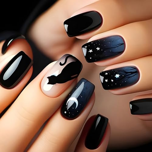24 PCs Schwarze Katzen Kleben Nägeln Gradient Künstlicher Nägel Mond Und Stern Falsch Glänzende Presse Für Frauen Mädchen 24 PCs Schwarze Katzen Kleben Nägeln Gradient Künstlicher Nägel Mond Und Stern Falsch Glänzende Presse Für Frauen Mädchen von Storage Bag