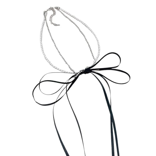 Doppelschicht Neckchain Bogen Perlen Halskette Bogenknoten Anhänger Schlangeblatt Kette Französische Stil Colarbone Kette Für Frauen Mädchen Verstellbares Schlüsselbein von Storage Bag
