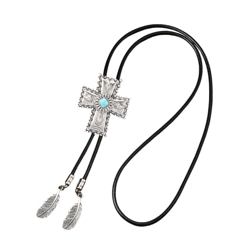 Männer Frauen Western Bolotie Vintage Blumenstein Anhänger Schmuck Schmuck Kunstleder Seil Krawatte Biege Metall Gefiedert Halskette Leder Rodeos Bolo Krawatte von Storage Bag