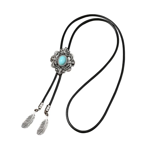 Männer Frauen Western Bolotie Vintage Blumenstein Anhänger Schmuck Schmuck Kunstleder Seil Krawatte Biege Metall Gefiedert Halskette Leder Rodeos Bolo Krawatte von Storage Bag