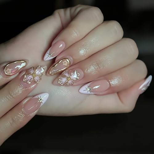 Mandelformpresse Auf Nägeln Mit Französischer Spitze Und Floralen Designs Elegante Acrylnägel Für Frauen Maniküre Dekoration 24 Pcs Gold Streifennagel Mandelformpresse Auf Nägeln Mit Französischer Spitze Und Floralen Designs Elegante Acrylnägel Für Frauen Maniküre Dekoration 24 Pcs Gold Streifennagel von Storage Bag