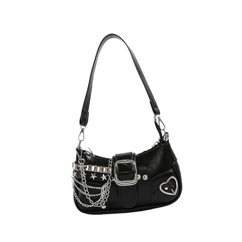 Punk Unterarmtasche Mit Metallkette Für Frauen Grunge Star Nieten PU Leder Handtasche Achselbeutel Single Umhängetasche Retro Mode Handtasche von Storage Bag