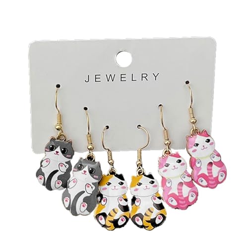 Set Von 3 Cartoon Katzenohrohrstollen Tierische Ohrringe Stilvolle Dangle Drop Ohrringe Für Frauen Und Mädchen Party Schmuck Elegante Accessoires von Storage Bag