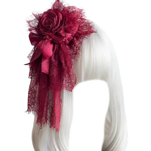 Storage Bag Elegante Spitzen Rosenhut Haarclip Mit Bowknot Mode Anime Kostüm Haare Clip Maskeraden Party Anziehen Kopfstücke Faszinator Haarnadel von Storage Bag