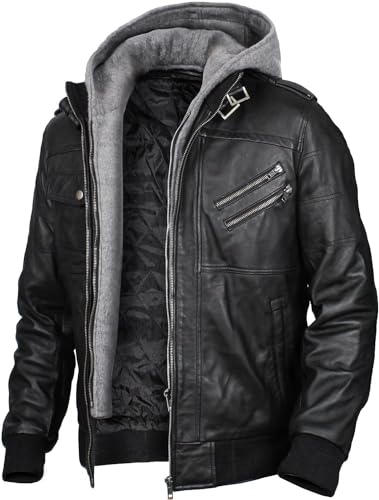 Storemm Herren-Lederjacke, echte Motorradjacke, modische Herrenjacke mit abnehmbarer Kapuze, Lederjacke für Herren., Schwarz + Grau (Kapuze), XXL von Storemm