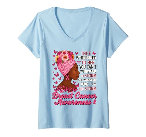 Damen I'm The Storm Afro Frauen Brustkrebs Survivor rosa Schleife T-Shirt mit V-Ausschnitt Damen I'm The Storm Afro Frauen Brustkrebs Survivor rosa Schleife T-Shirt mit V-Ausschnitt von Storm Black Women Breast Cancer Survivor