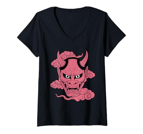 Damen Rosa Oni Maske mit Wolken Japanische Folklore T-Shirt mit V-Ausschnitt Damen Rosa Oni Maske mit Wolken Japanische Folklore T-Shirt mit V-Ausschnitt von Storm Oni Apparel