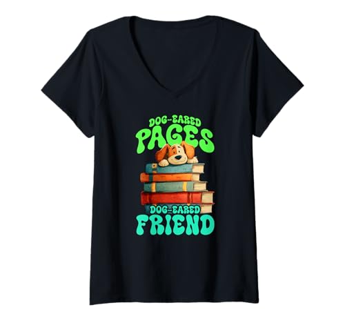 Damen Dog Eared Pages and Dog Eared Friend T-Shirt mit V-Ausschnitt Damen Dog Eared Pages and Dog Eared Friend T-Shirt mit V-Ausschnitt von Story Dog Friend Dog-eared Pages Eared Reading