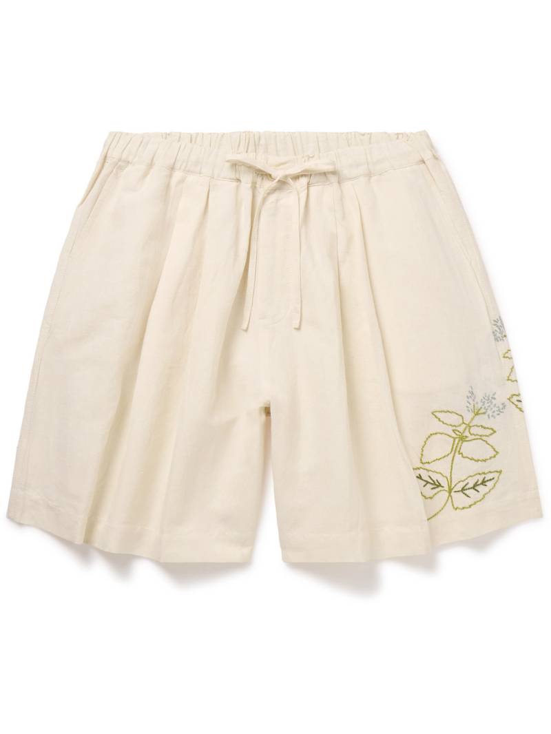Story Mfg. - Bridge Wide-Leg Embroidered Cotton and Linen-Blend Drawstring Shorts - Men - Neutrals - M von Story Mfg.