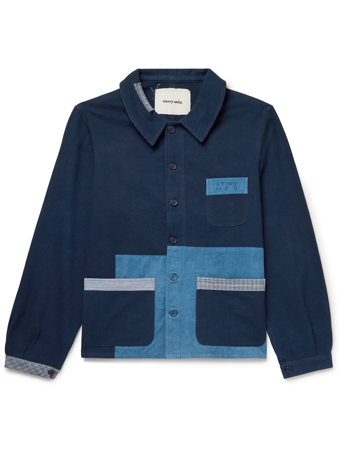 Story Mfg. - French Logo-Embroidered Patchwork Organic Cotton-Canvas Jacket - Men - Blue - XL von Story Mfg.