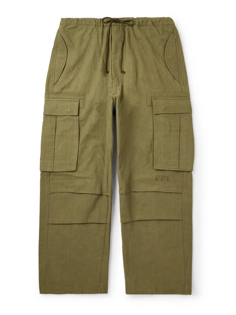 Story mfg. - Peace Wide-Leg Slub Organic Cotton Drawstring Cargo Trousers - Men - Green - M von Story mfg.