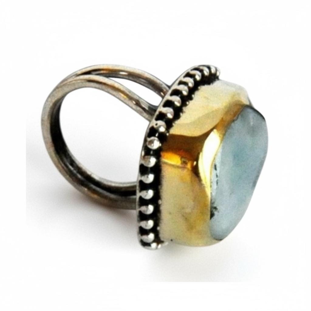 Elegant Aquamarin Ring Verstellbar, Sterling Silber & Gold Bezel von StoryBijou