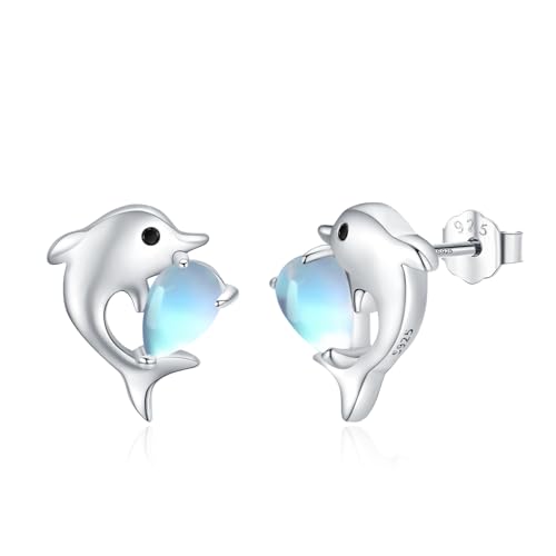 StoryEtain Delfin Ohrringe 925 Sterling Silber Delphin Mondstein Ohrstecker Schmuck Weihnachten Geschenk für Kinder Mädchen Damen von StoryEtain