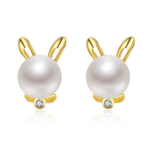 Perlenohrringe Gold 925 Sterling Silber Perlen Ohrstecker Hase Zirkonia Schmuck Geschenk für Damen Kinder Mädchen von StoryEtain