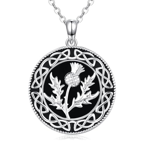 StoryEtain Schottische Halskette 925 Sterling Silber Schottische Anhänger Kette Distel Blumen Halskette Onyx Schmuck Geschenke für Mädchen Damen Kinder von StoryEtain