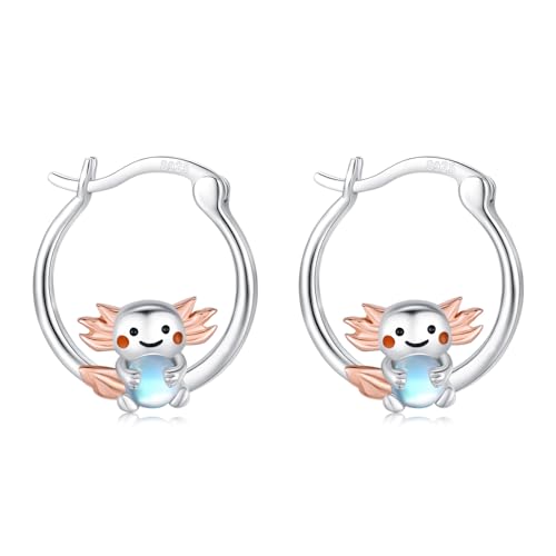 StoryEtain Axolotl Creolen 925 Sterlingsilber Axolotl Ohrringe Axolotl Mondstein Creolen Ohrringe Mondstein Schmuck Geschenke für Kinder Mädchen Tierliebhaber von StoryEtain