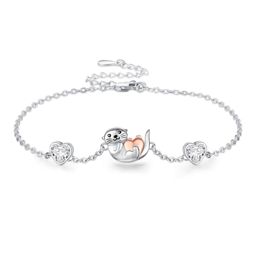 StoryEtain Otter Armbänder 925 Sterling Silber Mädchen Otter Armkette Verstellbarer Otter Herz Armschmuck Otter Schmuckgeschenke für Kinder Frauen Otter-Liebhaber von StoryEtain