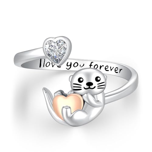 StoryEtain Otter Ring 925 Sterling Silber Fischotter Ring Verstellbarer Ring Otter Schmuck Geschenke für Mädchen Damen Kinder von StoryEtain
