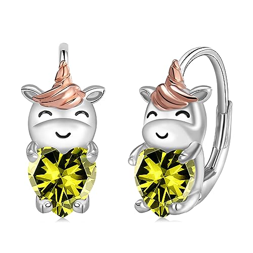 Einhorn ohrringe für Mädchen 925 Sterling Silber August Geburtsstein Ohrringe süße tierische Ohrringe Hypoallergen Creolen Einhorn Geburtstag Schmuck Geschenke für Frauen Tochter von StoryMidir