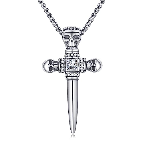 Schädel Halskette 925 Sterling Silber Herren Schwert Kreuz Halsketten Goth Skelett Retro Anhänger Gothic Schädel Schmuck Geschenke für Männer Halloween von StoryMidir