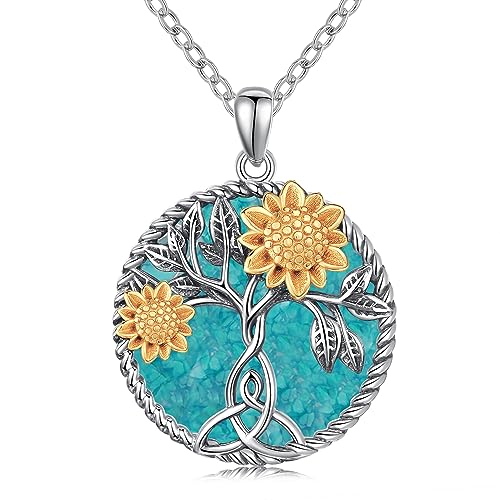 Sonnenblume Türkis Halskette 925 Sterling Silber Baum des Lebens Anhänger Halskette Sonnenblume Schmuck Geschenke für Frauen Mutter Mädchen von StoryMidir