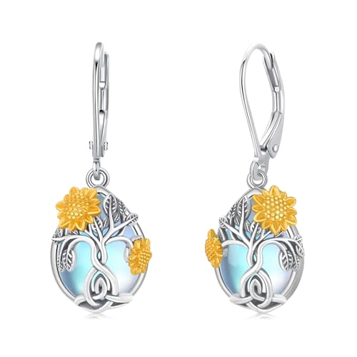 Sonnenblumen-Mondstein-Ohrringe für Damen, 925er-Sterlingsilber, Sonnenblumen-Tropfen-Ohrhänger, Schmuck, Geschenke von StoryMidir