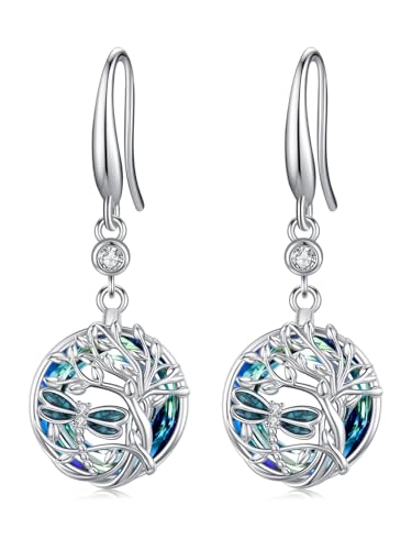 StoryMidir Baum des Lebens Libelle Ohrringe 925 Sterling Silber Kristall Libelle Baumeln Ohrringe für Frauen Familie Baum Libelle Schmuck Geschenke von StoryMidir