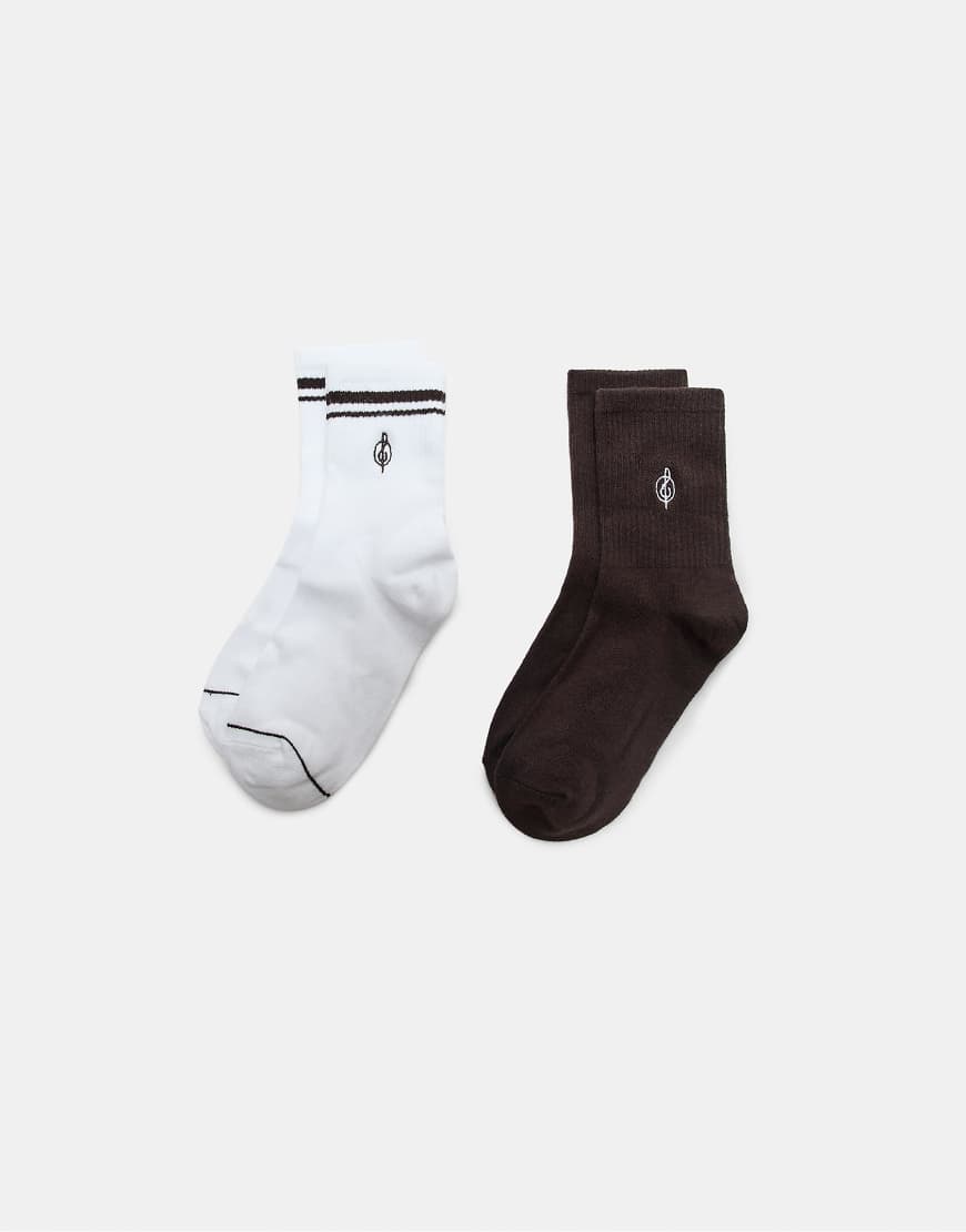 Stradivarius - 2er-Pack gestreifte und bestickte Socken in Braun-Brown von Stradivarius