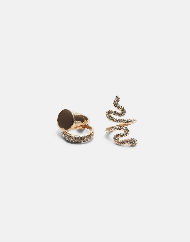 Stradivarius - 3er-Set Ringe in Goldoptik mit Schlangendesign und Schmucksteinen-Gelb von Stradivarius