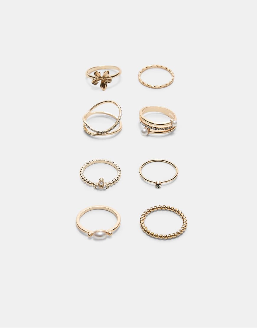 Stradivarius - 8er-Set Ringe in Gold-Optik mit Schmucksteinen-Gelb von Stradivarius