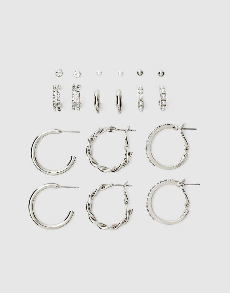 Stradivarius - 9er-Pack Creolen in Grau mit Strass- und Perlendetails von Stradivarius