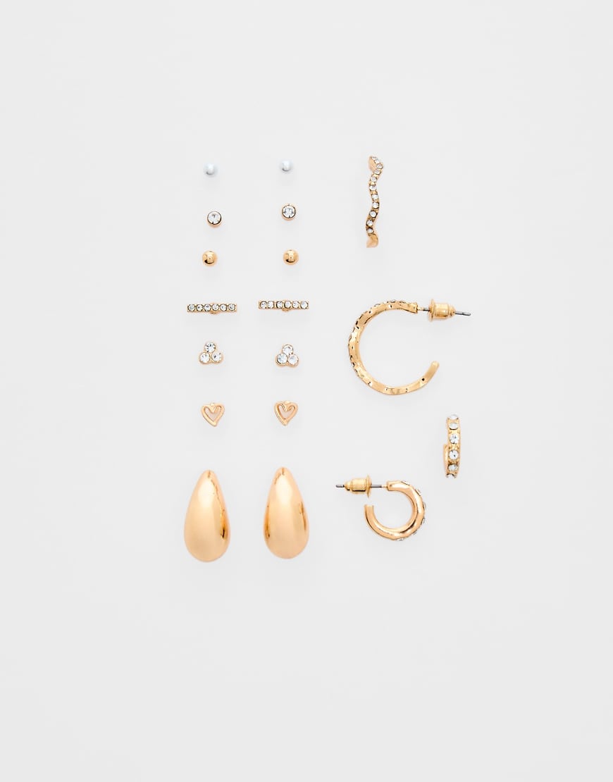 Stradivarius - 9er-Pack Ohrringe in Gold mit kleinen Tropfanhängern-Gelb von Stradivarius