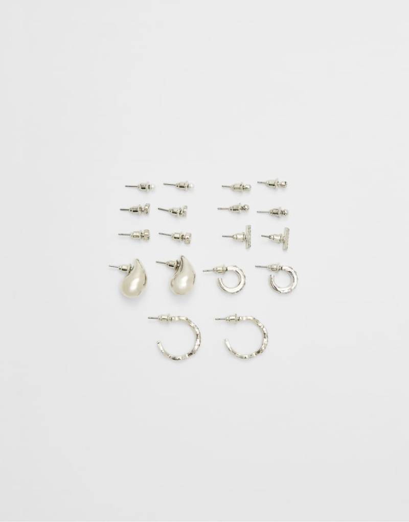 Stradivarius - 9er-Pack Ohrringe in Silber mit kleinen Tropfanhängern-Grau von Stradivarius
