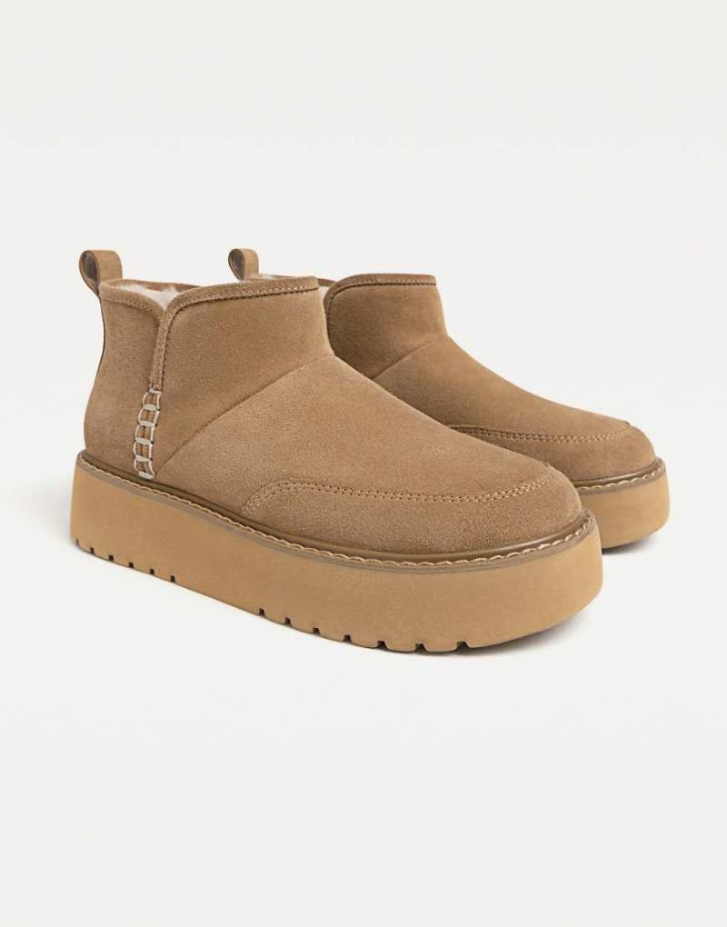 Stradivarius - Ankle-Boots aus Leder in Beige mit Kunstpelz-Neutral von Stradivarius