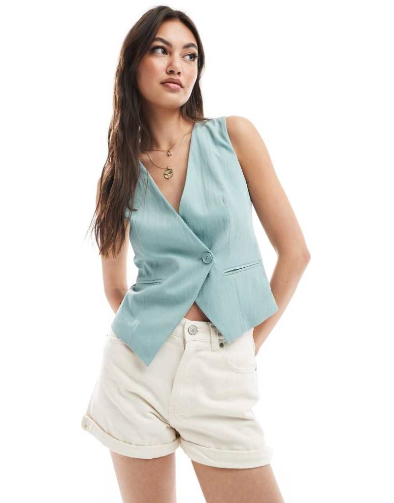 Stradivarius - Asymmetrische Weste in Blaugrün-Neutral von Stradivarius