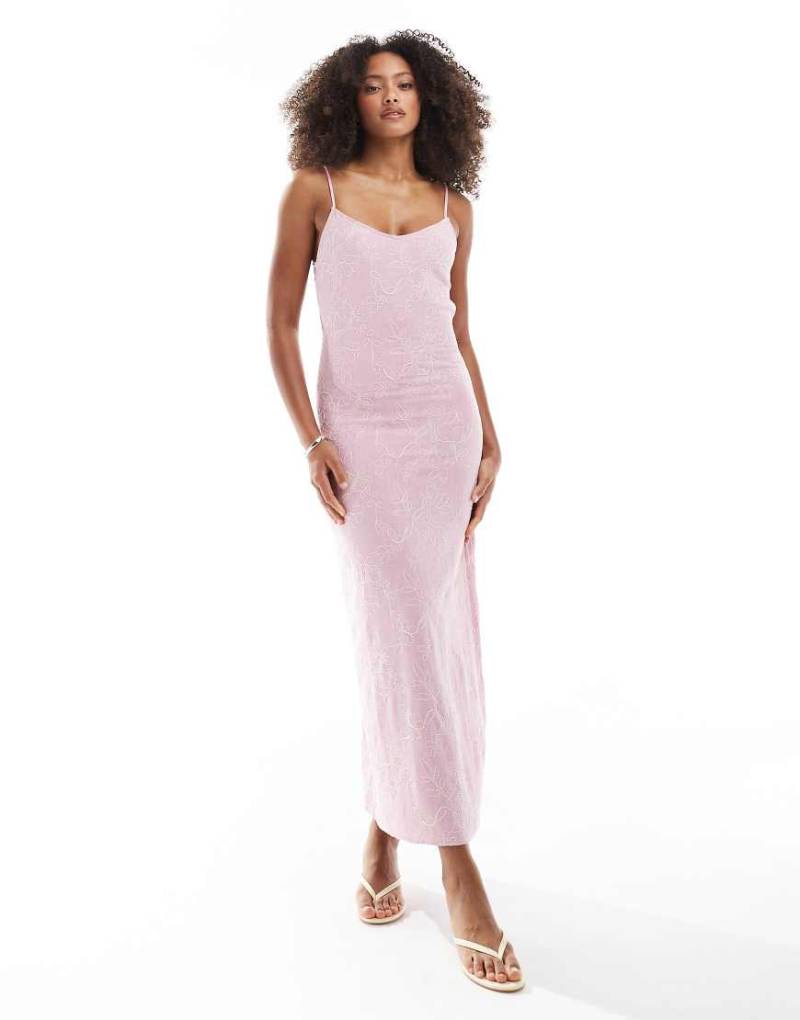 Stradivarius - Besticktes Midikleid in Blassrosa von Stradivarius