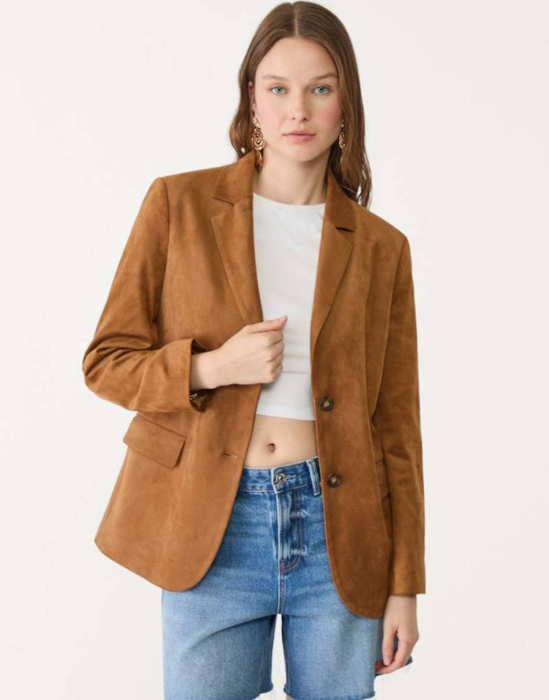 Stradivarius - Blazer aus Wildlederimitat in Hellbraun-Neutral von Stradivarius
